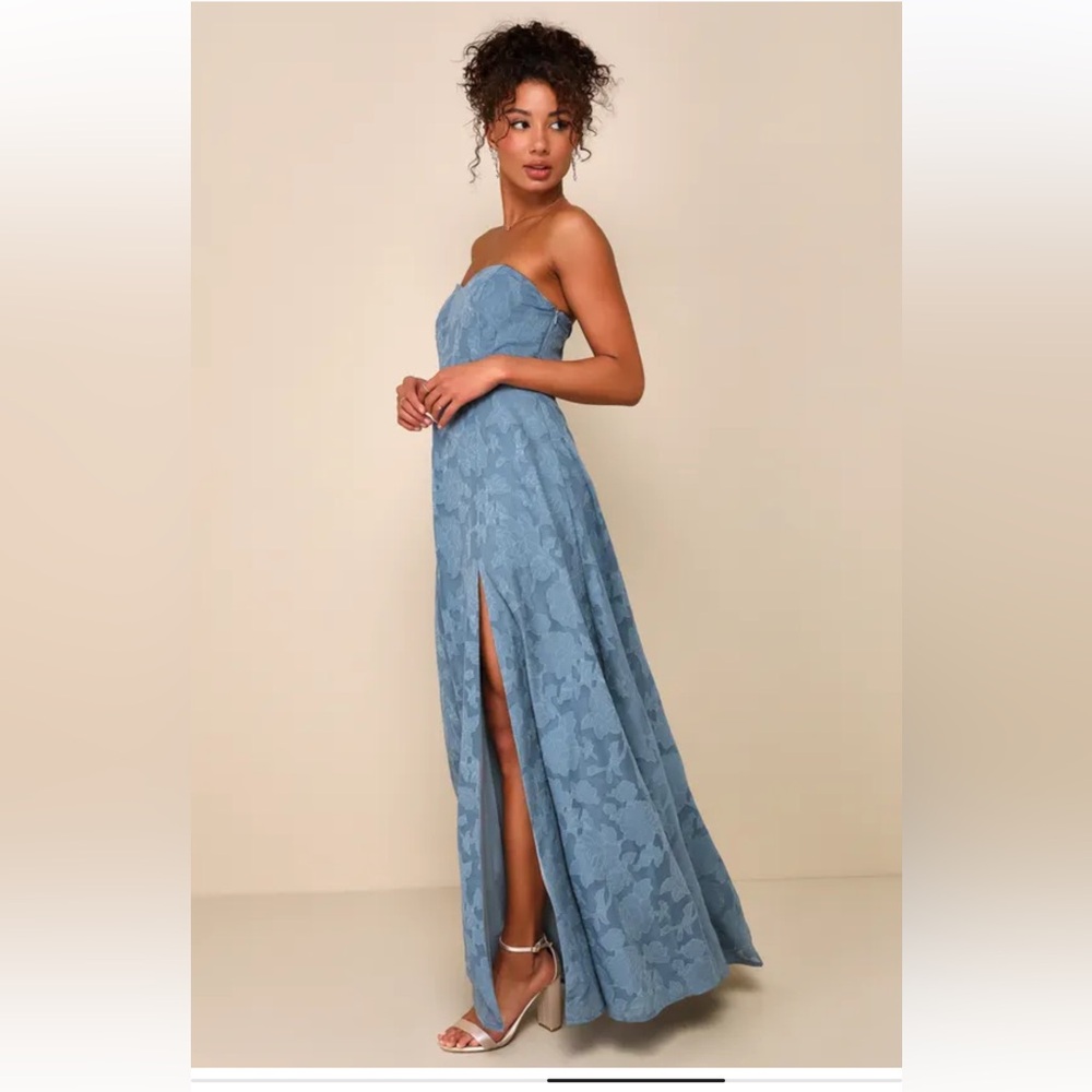 Lulu's Dusty Blue Garden of Romance Strapless Dress